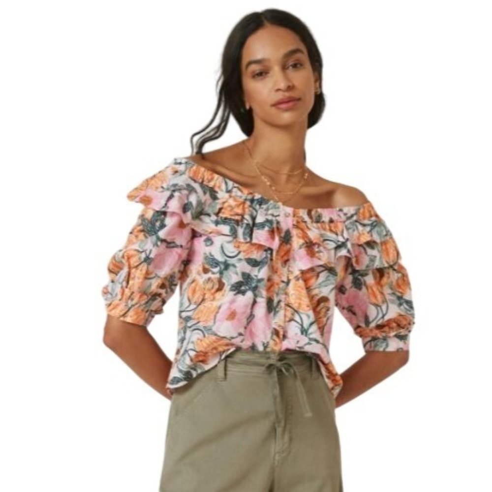 Cecilia Pettersson Anthropologie XS Pink Floral Ruffle Off The Shoulder Puff Sle
